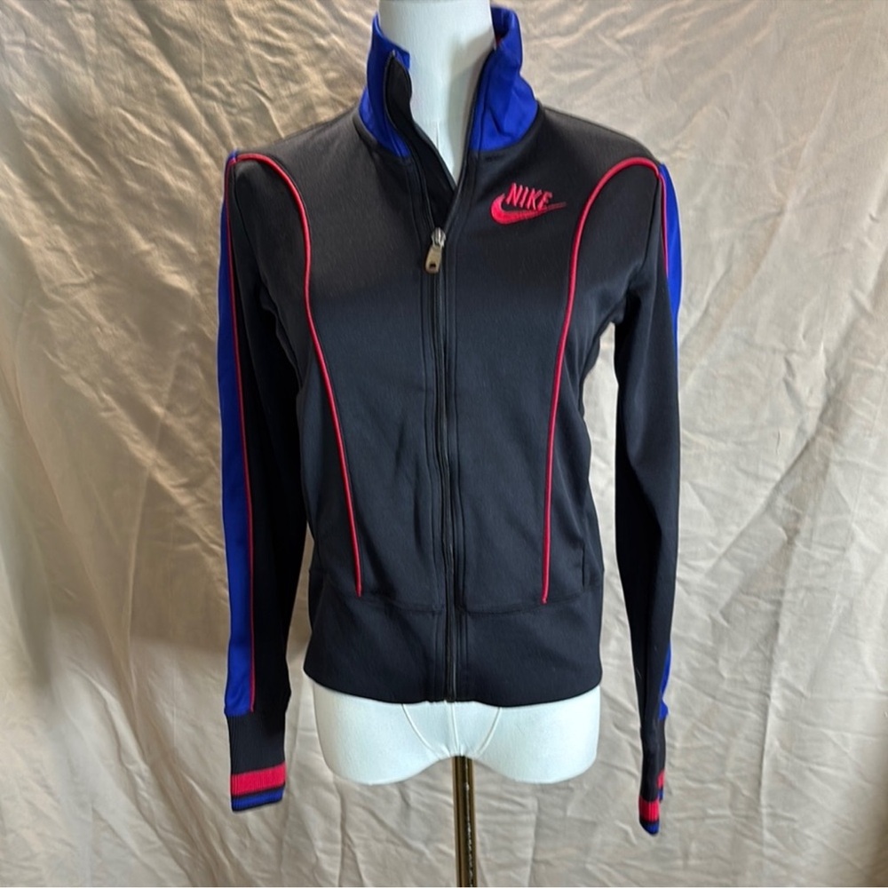 Nike Women's Varsity Jacket in Black with Blue and Pink Highlights